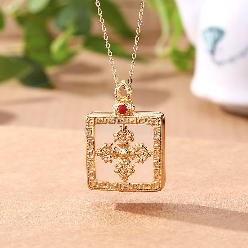 Nimara Ritual 24K Gold Plated White Jade Double Dorje Protection Luck Necklace Pendant