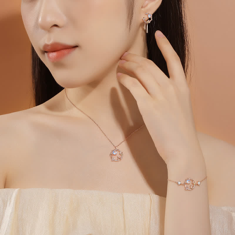 Nimara Ritual 925 Sterling Silver Year of the Rabbit Moonstone Moon Flower Pattern Necklace Pendant Bracelet Earrings