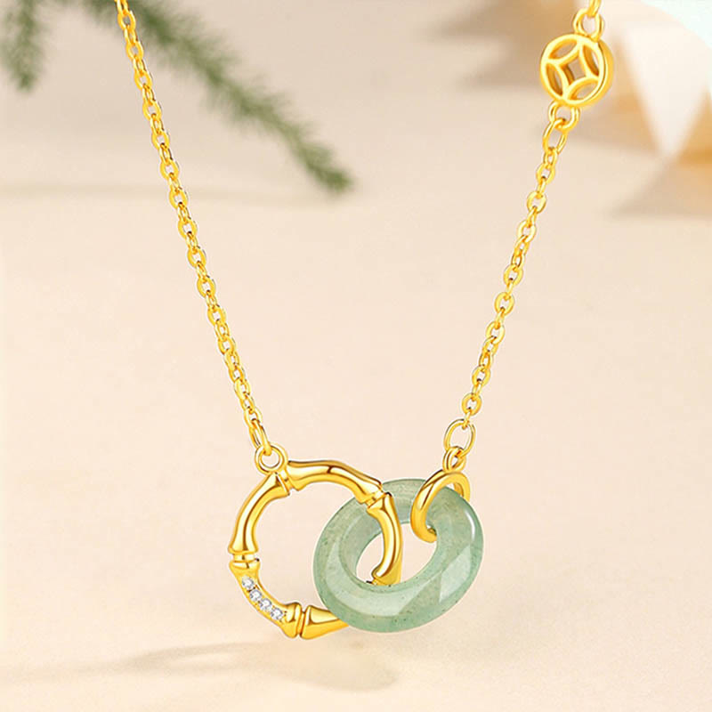 Nimara Ritual 925 Sterling Silver Natural Green Aventurine Peace Buckle Bamboo Coin Prosperity Necklace Pendant