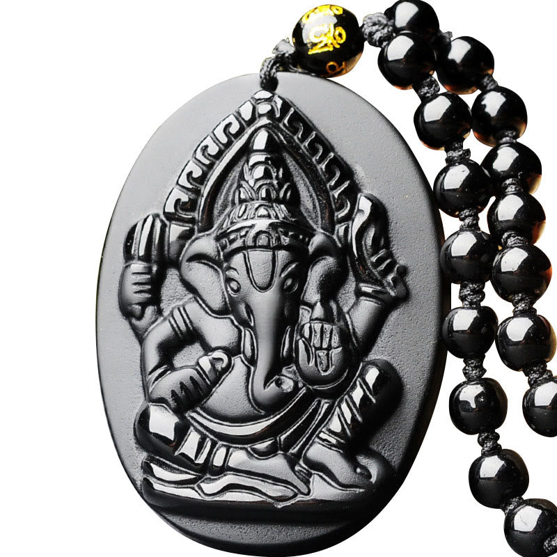 Nimara Ritual Tibetan Obsidian Ganesh Ganpati Elephant Wealth Amulet Necklace