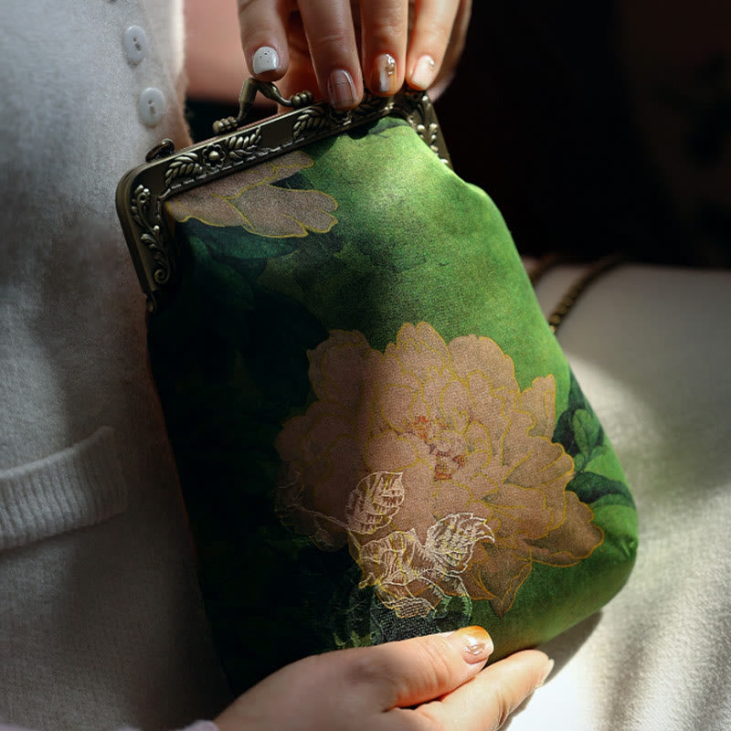 Nimara Ritual Small Green Peony Butterfly Metal Chain Crossbody Bag Shoulder Bag Cellphone Bag