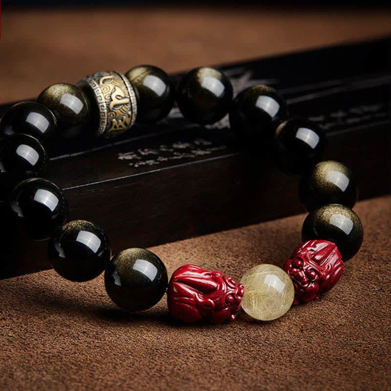 Nimara Ritual Gold Sheen Obsidian PiXiu Cinnabar Om Mani Padme Hum Protection Bracelet