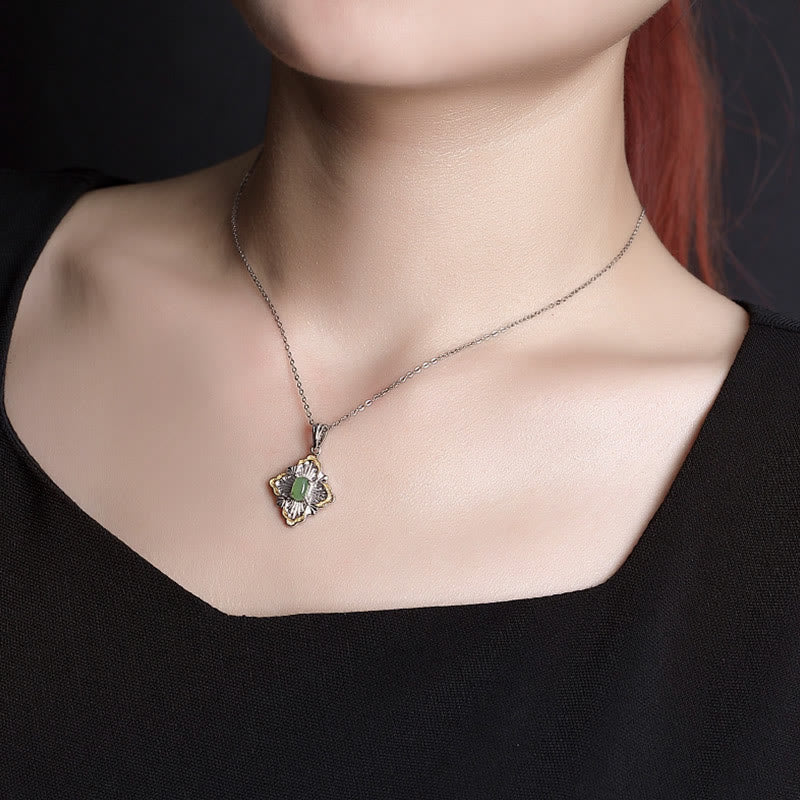 Nimara Ritual 925 Sterling Silver Plated Gold Hetian Cyan Jade Rhombus Design Luck Healing Necklace Pendant