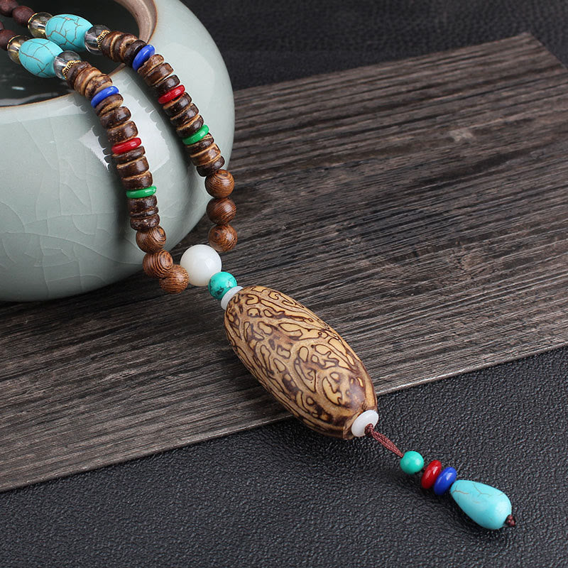 Nimara Ritual Tibetan Wenge Wood Bodhi Seed Agate Balance Peace Necklace Pendant