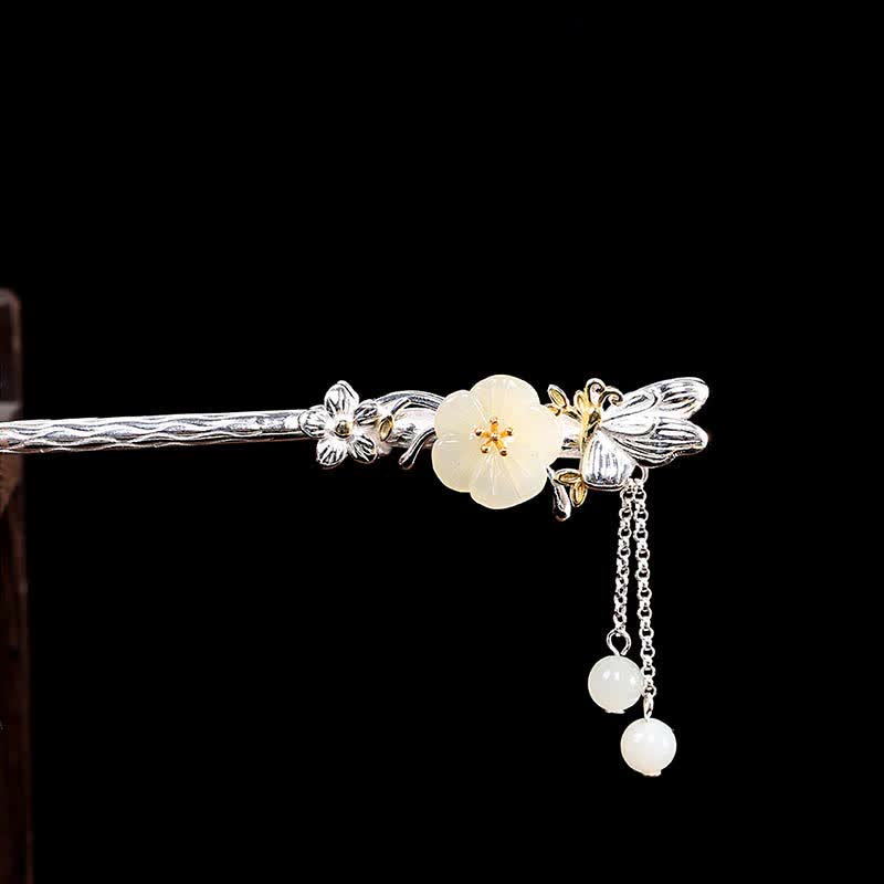 Nimara Ritual 925 Sterling Silver Hetian White Jade Flower Blessing Hairpin
