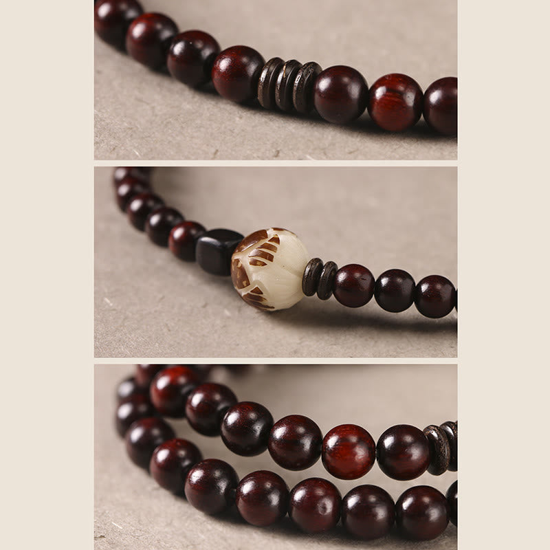 Nimara Ritual Small Leaf Red Sandalwood Lotus Bodhi Seed Carved Protection Double Wrap Bracelet