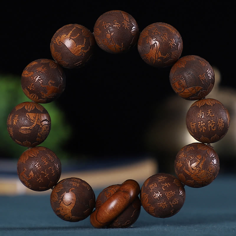 Nimara Ritual Chinese Zodiac Rosewood Green Sandalwood Ebony Wood Copper Coin Carved Calm Bracelet
