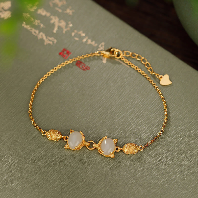Nimara Ritual 925 Sterling Silver Natural Hetian White Jade Cyan Jade Lovely Fox Luck Bracelet