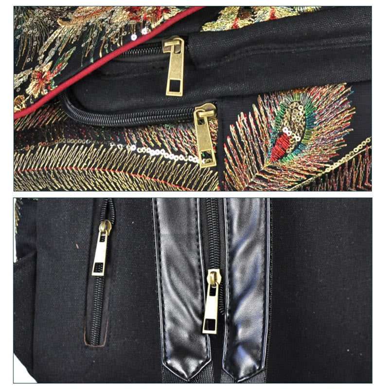 Nimara Ritual Peacock Embroidery Canvas Tassel Backpack