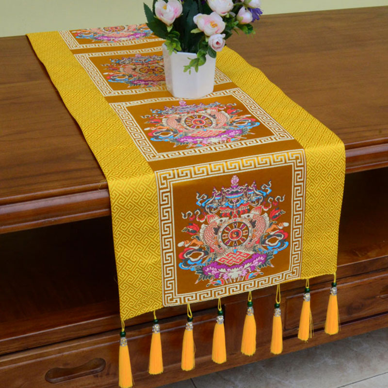 Nimara Ritual Prayer Altar Mat Man-Bcu Kalachakra Endless Knot Vajra Tibetan Auspicious Symbols Tassels Table Runner