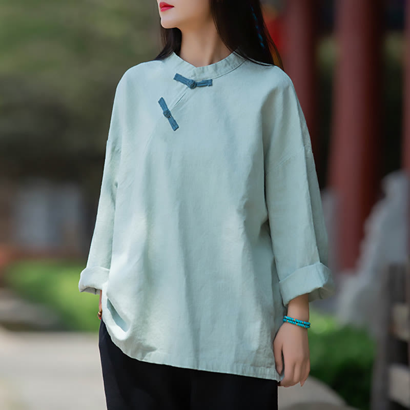 Nimara Ritual Ramie Linen Loose Blouse Women Long Sleeve Shirt Chinese Hanfu Top