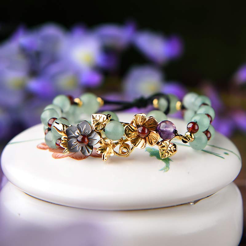 Nimara Ritual Green Aventurine Garnet Bead Flower Petal Luck Bracelet