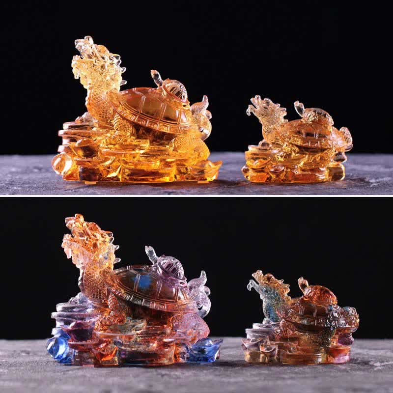 Nimara Ritual Feng Shui Dragon Turtle Coins Handmade Liuli Crystal Luck Art Piece Home Office Decoration