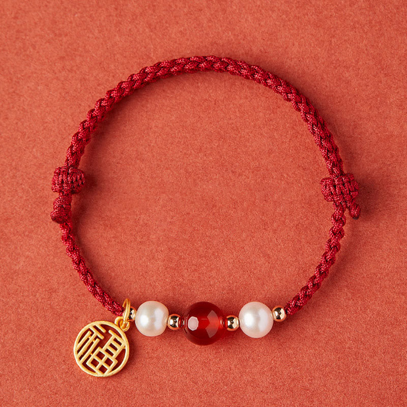Nimara Ritual 925 Sterling Silver Good Fortune Fu Character Agate Pearl Red String Braid Bracelet
