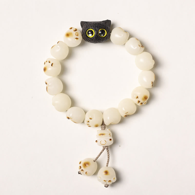 Nimara Ritual Natural Bodhi Seed Lovely Paw Ebony Wood Lucky Cat Wisdom Bracelet