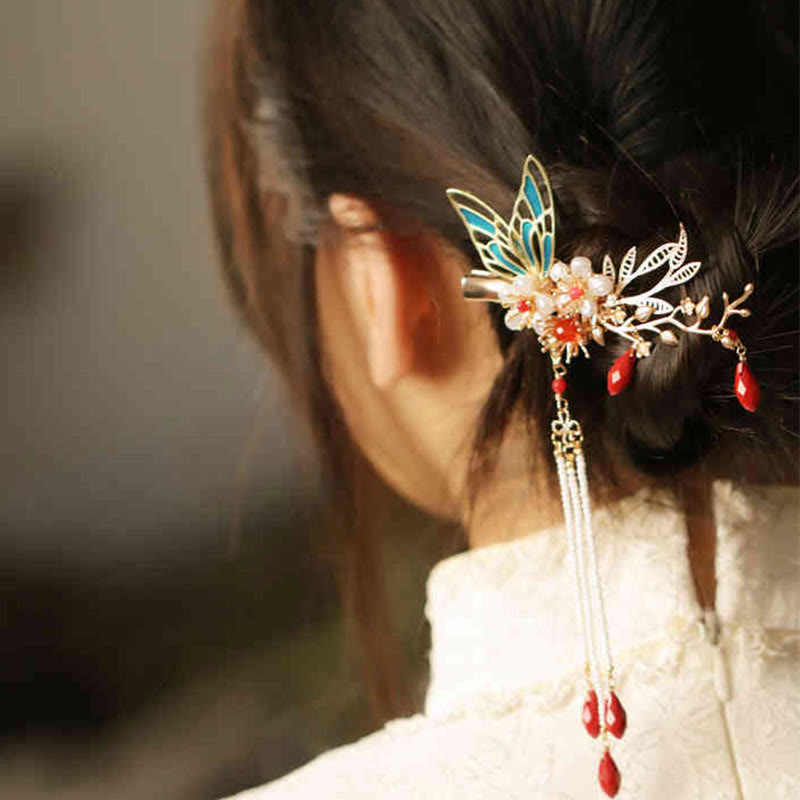 Nimara Ritual Classical Chinese Style Flower Branche Butterfly Pearl Tassel Hair Clip Hair Comb Hair Crown