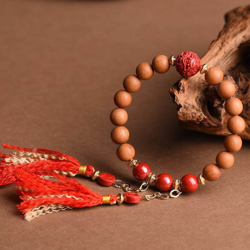 Nimara Ritual Tibetan Natural Peach Wood Cinnabar PiXiu Wealth Tassels Bracelet