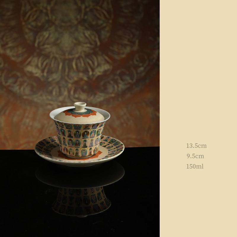 Nimara Ritual Dunhuang Color Thousand Buddhas Flying Apsaras Pattern Gaiwan Teacup Kung Fu Tea Cup With Lid