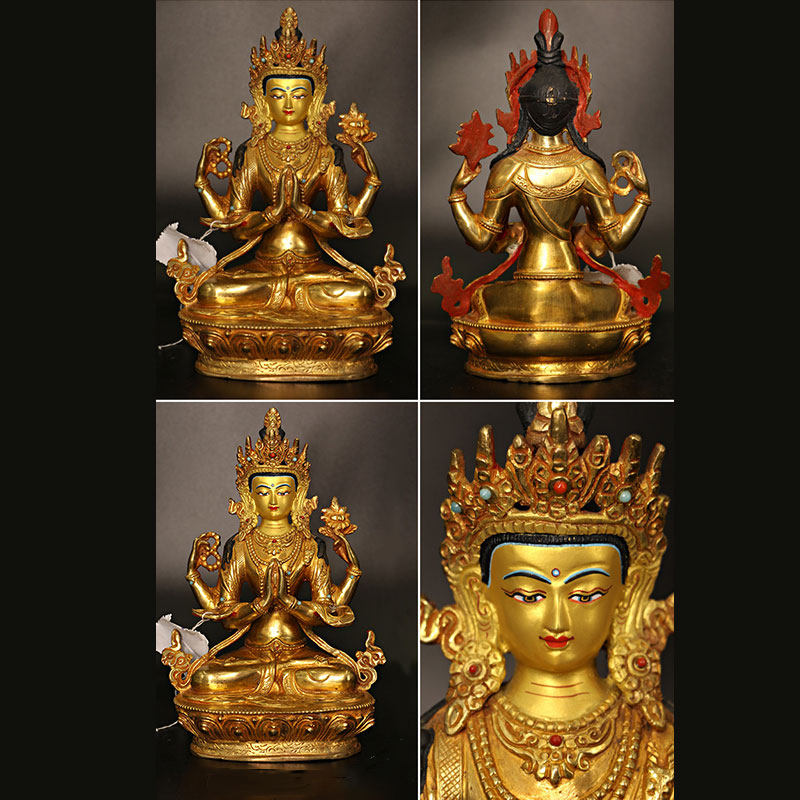 Nimara Ritual Bodhisattva Tara Chenrezig Four-armed Avalokitesvara Protection Copper Gold Plated Statue Decoration