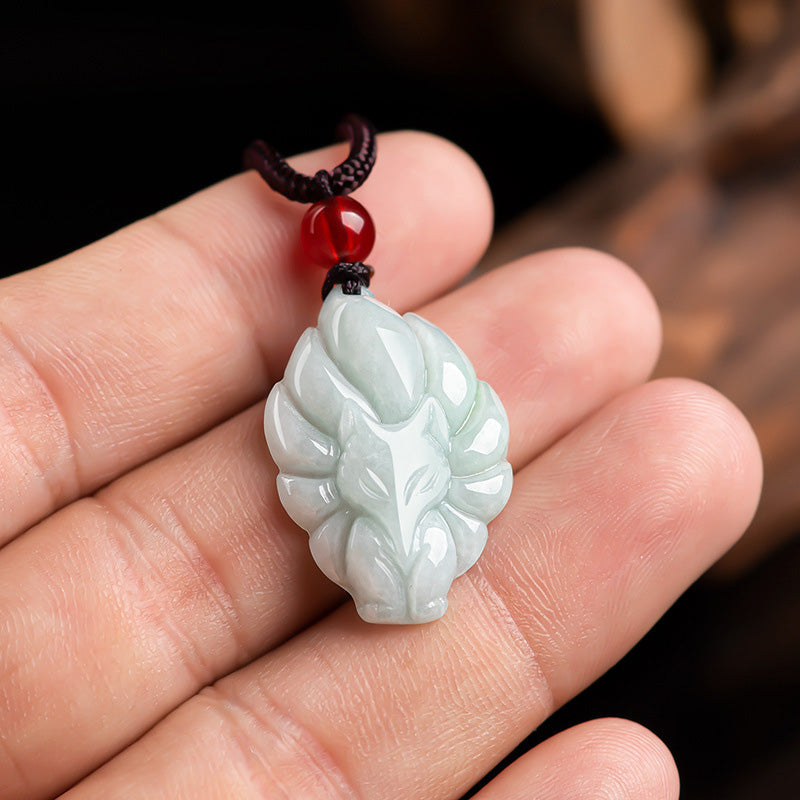 Nimara Ritual Natural Jade Nine Tailed Fox Luck Prosperity Necklace Pendant