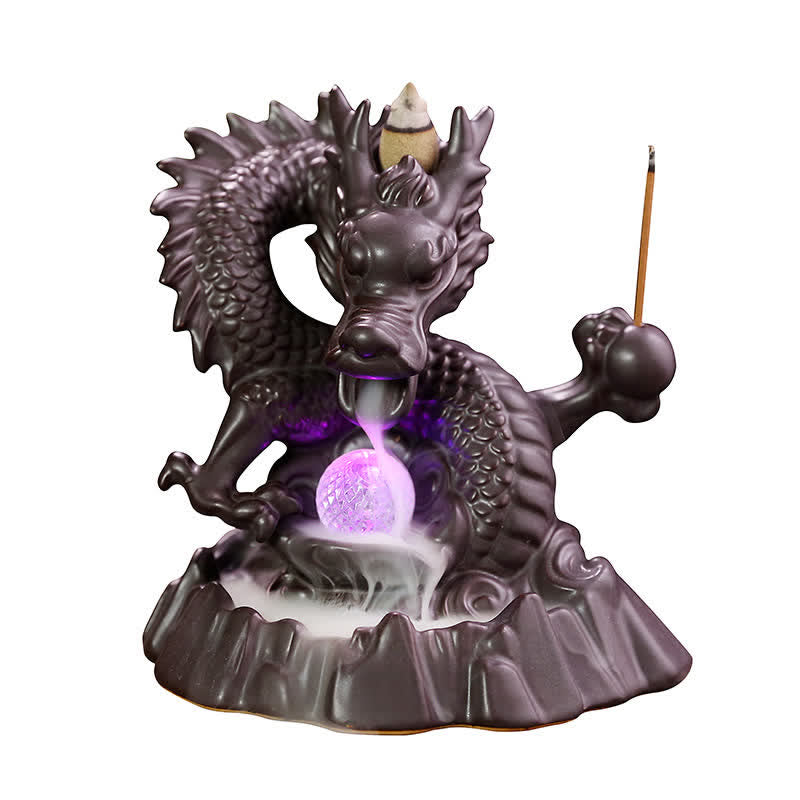 Nimara Ritual Auspicious Dragon Ceramic Backflow Smoke Fountain Meditation Healing Incense Burner Led Ball Decoration