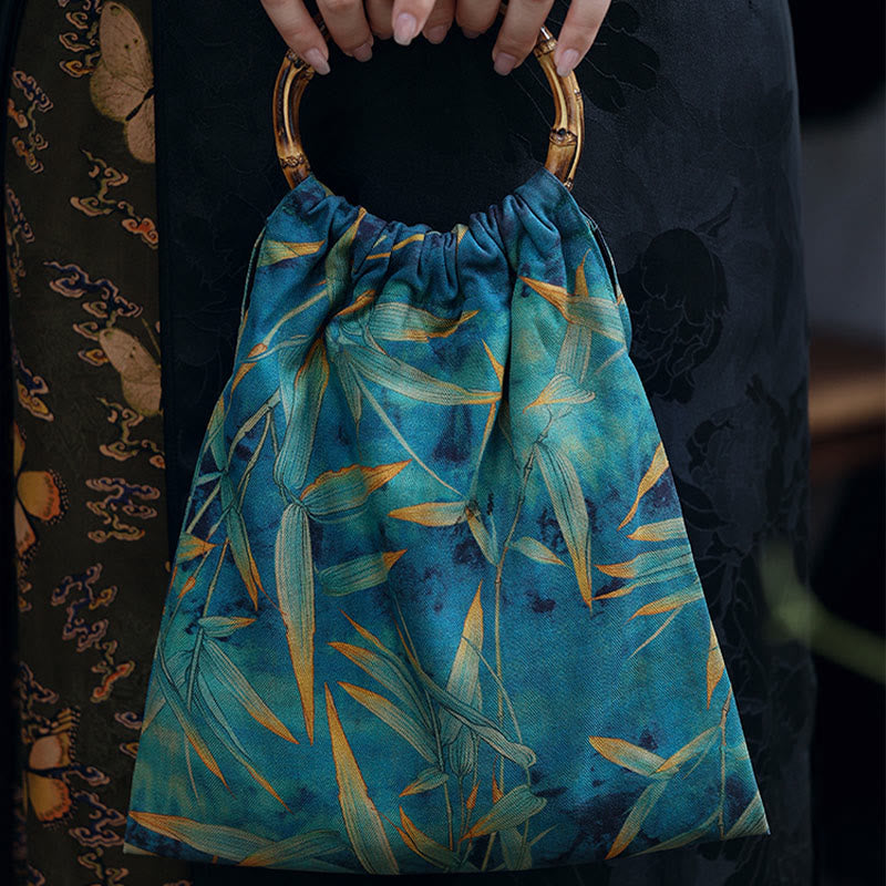 Nimara Ritual Blue Green Bamboo Leaves Bamboo Handles Handbag