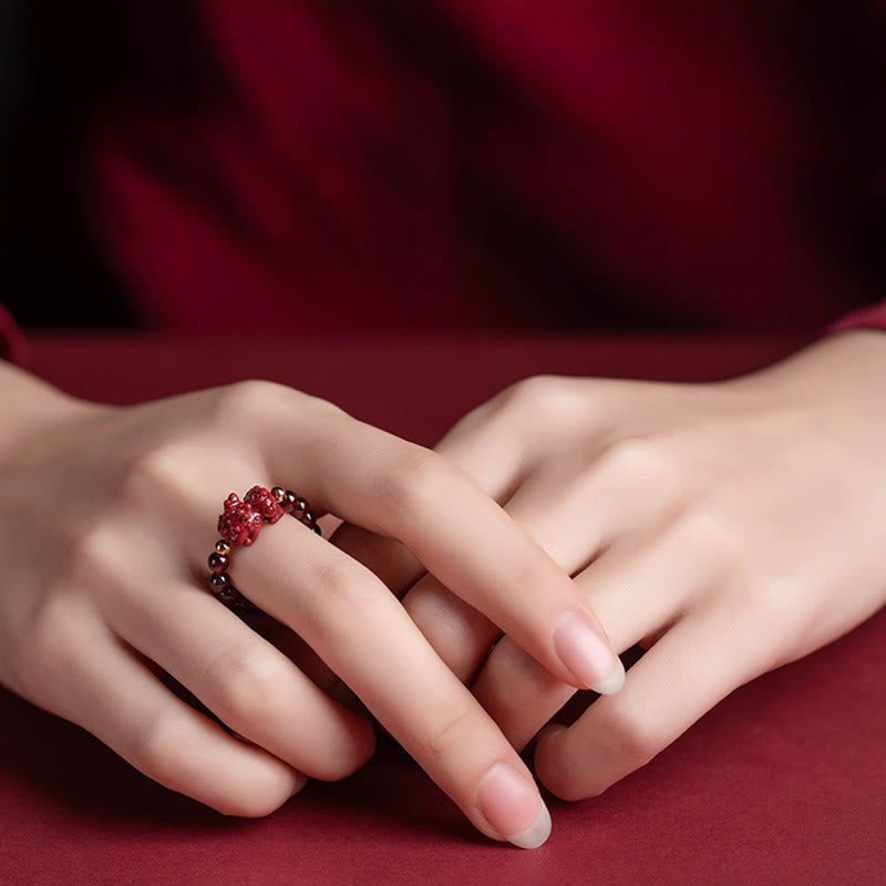 Nimara Ritual Garnet Cinnabar Lucky Bead PiXiu Om Mani Padme Hum Rose Protection Ring