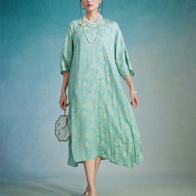 Nimara Ritual Small Flower Leaf Jacquard Chinese Cheongsam Qipao Midi Dress With Pockets