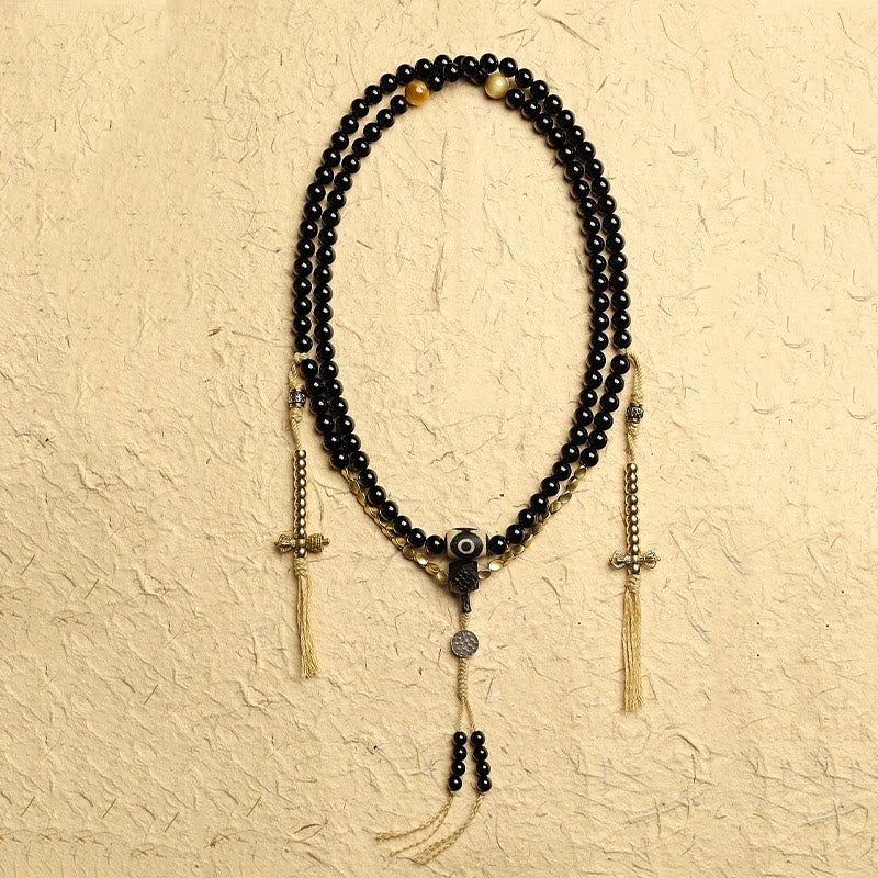 Nimara Ritual Tibetan 108 Mala Beads Black Onyx Three-eyed Dzi Beads Protection Bracelet