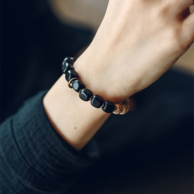 Nimara Ritual Tibetan Bodhi Seed Black Obsidian Ebony Wood Copper Peace Bracelet