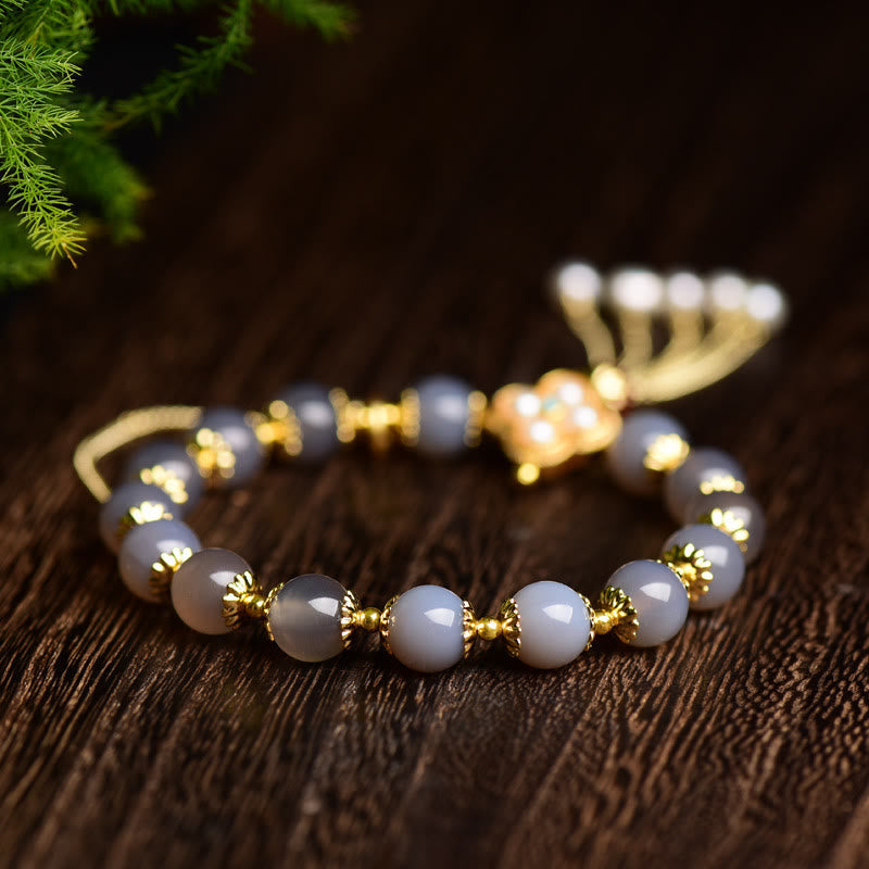 Nimara Ritual Natural Gray Agate Fu Character Pearl Tassel Balance Bracelet