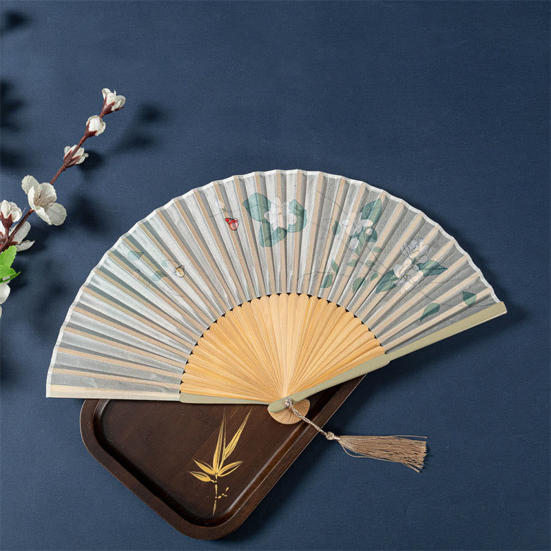 Nimara Ritual Lotus Begonia Flower Jasmine Handheld Bamboo Folding Fan 21cm