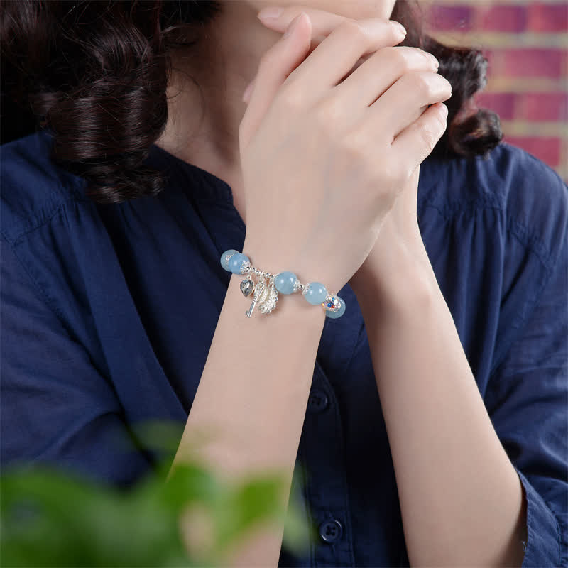 Nimara Ritual 925 Sterling Silver Natural Aquamarine Serenity Flower Love Key Charm Bracelet