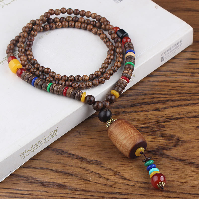 Nimara Ritual Tibetan Wenge Wood Bodhi Seed Agate Balance Peace Necklace Pendant