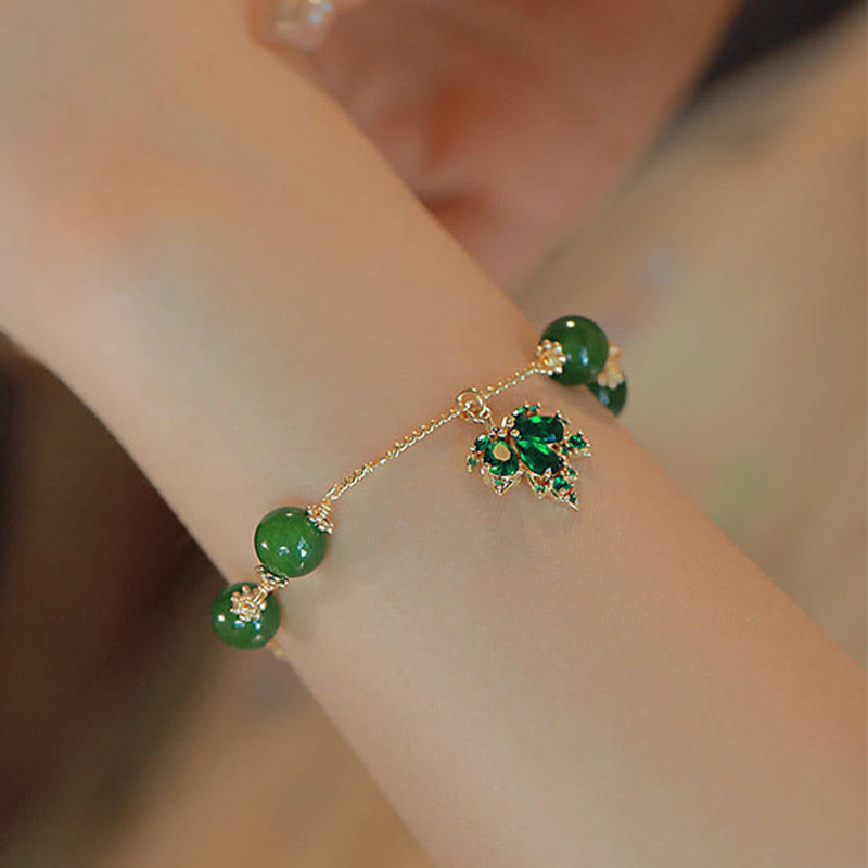 Nimara Ritual 14k Gold Plated Green Chalcedony Maple Leaf Courage Strength Bracelet