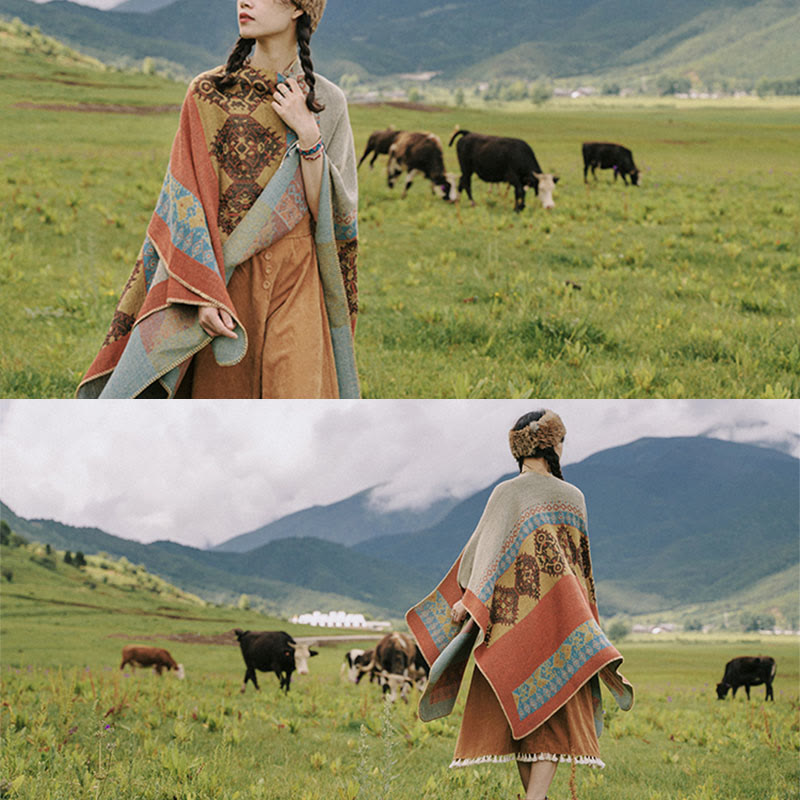 Nimara Ritual Tibetan Shawl Diamond Pattern Winter Warm Cloak Scarf