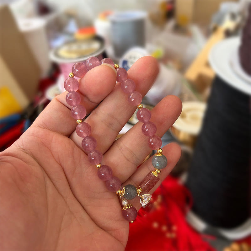 Nimara Ritual Natural Strawberry Quartz Zircon Flower Positive Charm Bracelet