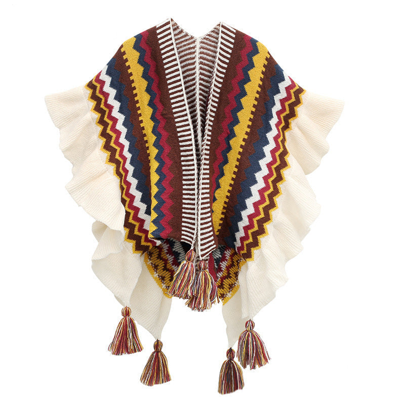 Nimara Ritual Tibetan Shawl Colorful Striped Wavy Line Tassels Winter Cozy Travel Scarf Wrap