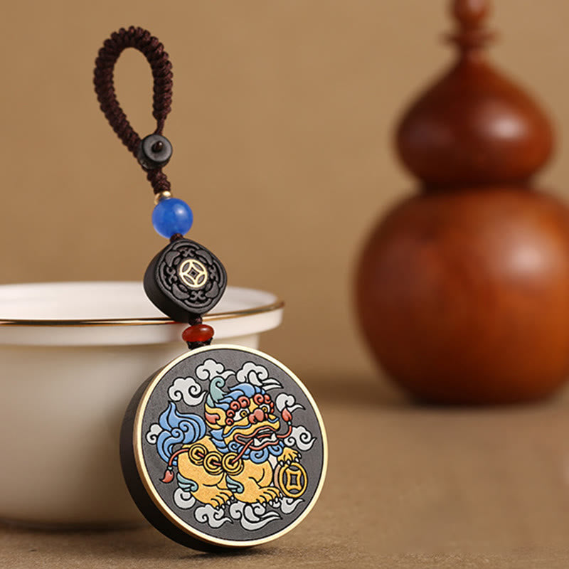 Nimara Ritual PiXiu Copper Coin Ebony Wood Luck Attract Wealth Key Chain Decoration