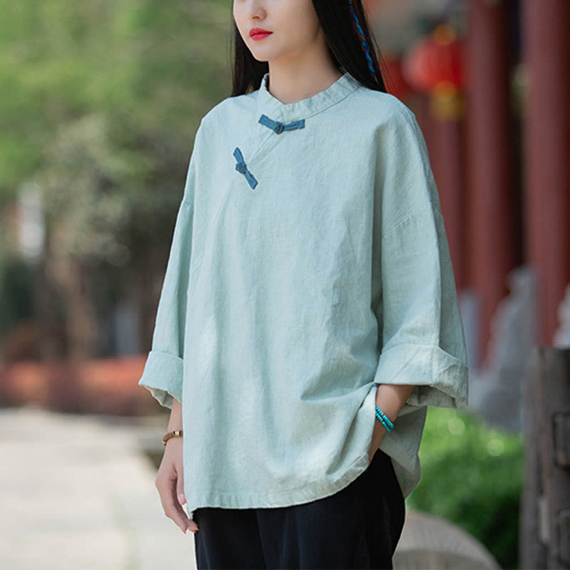 Nimara Ritual Ramie Linen Loose Blouse Women Long Sleeve Shirt Chinese Hanfu Top