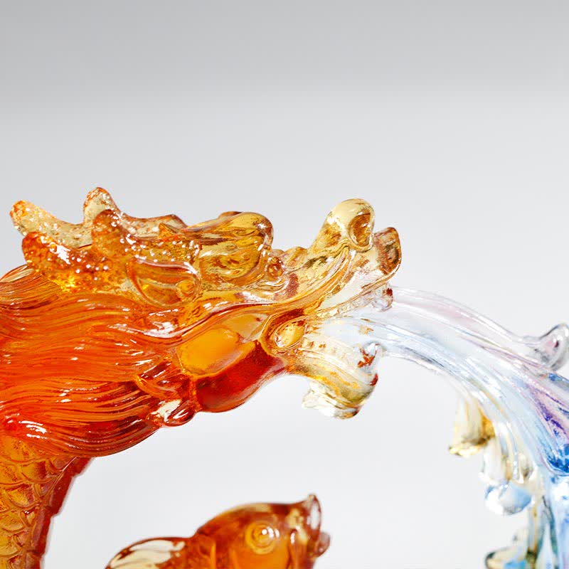 Nimara Ritual Feng Shui Dragon Koi Fish Handmade Liuli Crystal Art Piece Home Office Decoration