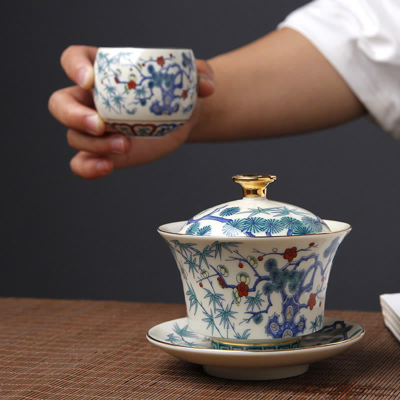 Nimara Ritual Retro Plum Blossom Pine Bamboo Phoenix Kirin Ceramic Gaiwan Sancai Teacup Kung Fu Tea Cup and Saucer with Lid