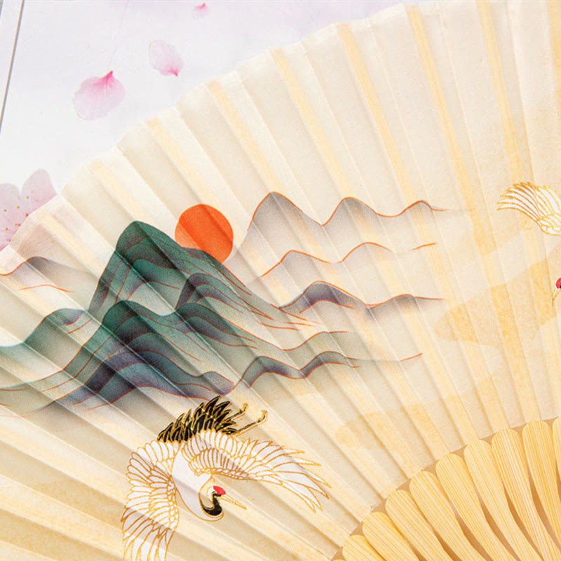 Nimara Ritual Flying White Crane Sun Cloud Handheld Silk Bamboo Folding Fan 22cm