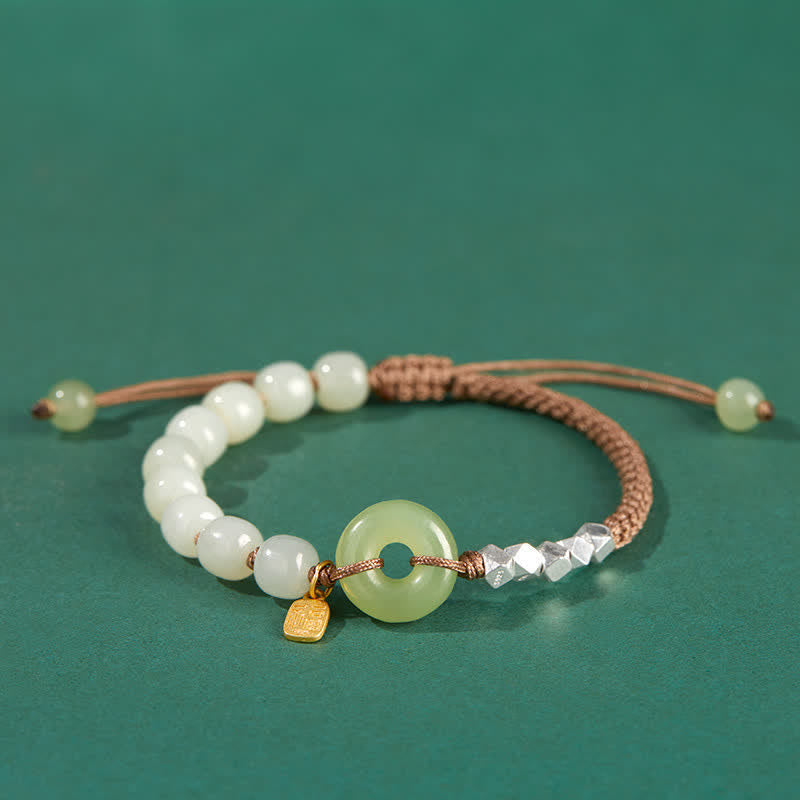 Nimara Ritual 925 Sterling Silver Hetian Jade Peace Buckle Beaded Luck Happiness Charm Bracelet