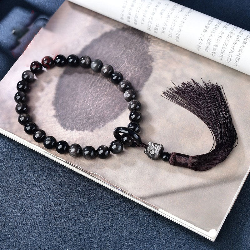 Nimara Ritual Natural Silver Sheen Obsidian Lion Wrist Mala Protection Tassels Pocket Mala Car Decoration