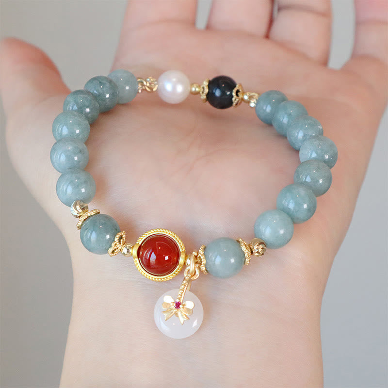 Nimara Ritual Natural Jade Red Agate Pearl Bow Tie Luck Bracelet