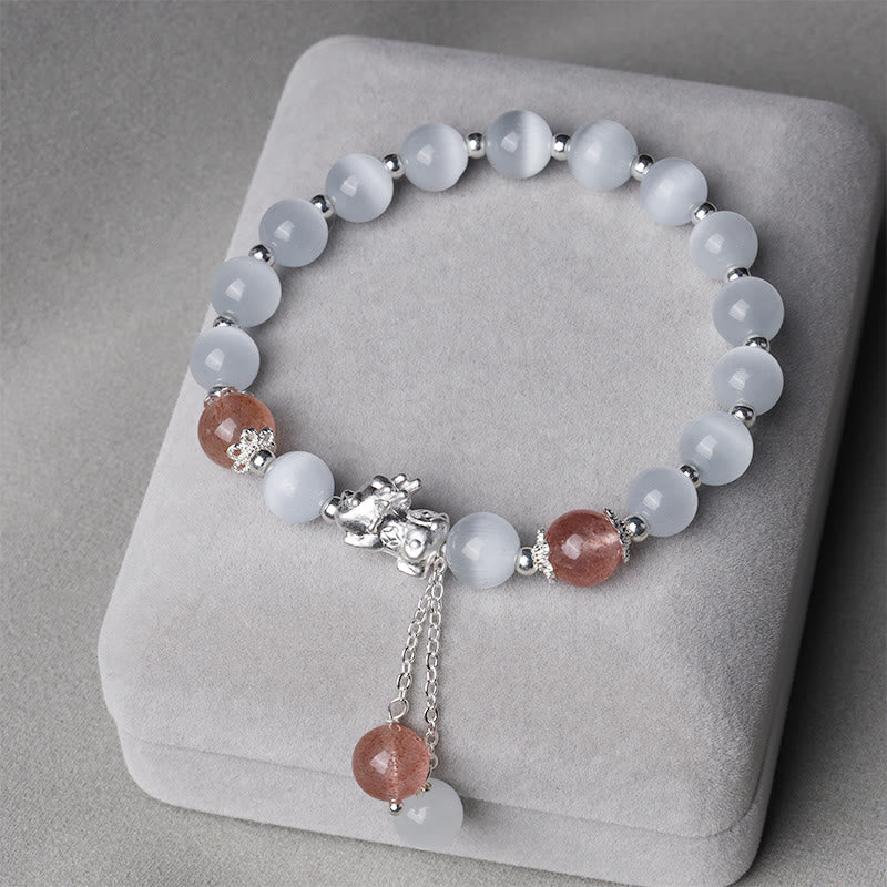 Nimara Ritual Natural Cat's Eye Moonstone Strawberry Quartz PiXiu Support Bracelet