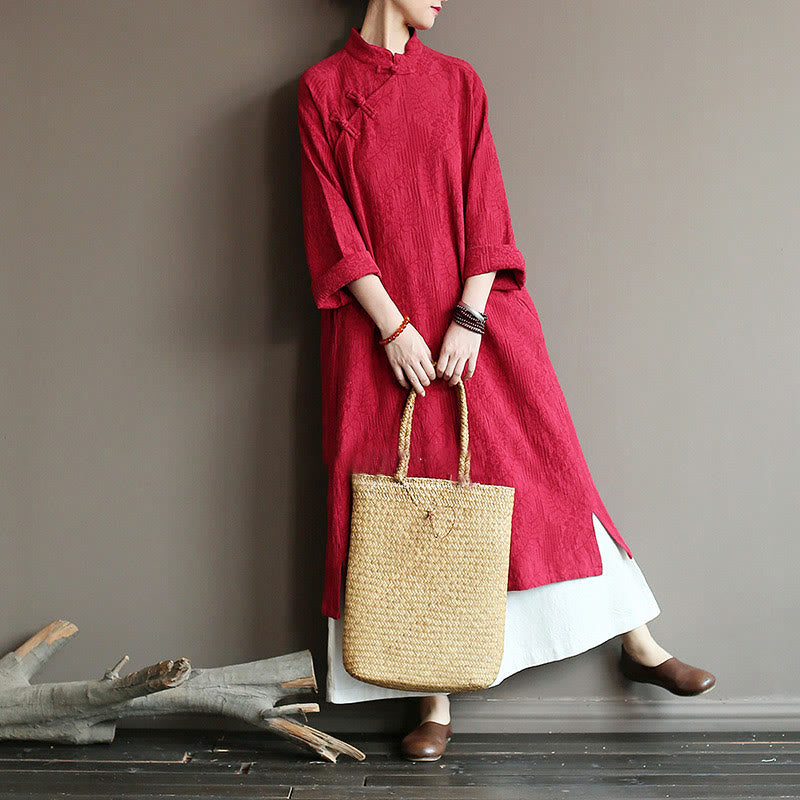 Nimara Ritual Flower Jacquard Midi Dress Long Sleeve Cotton Linen Dress Wide Leg Pants With Pockets