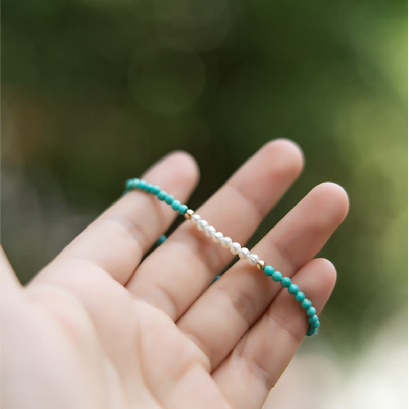 Nimara Ritual 925 Sterling Silver Natural Turquoise Pearl Beaded Bracelet
