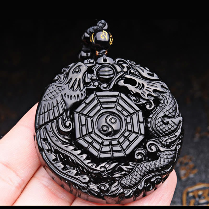 Nimara Ritual Bagua Dragon Phoenix Obsidian Fulfilment Pendant Necklace